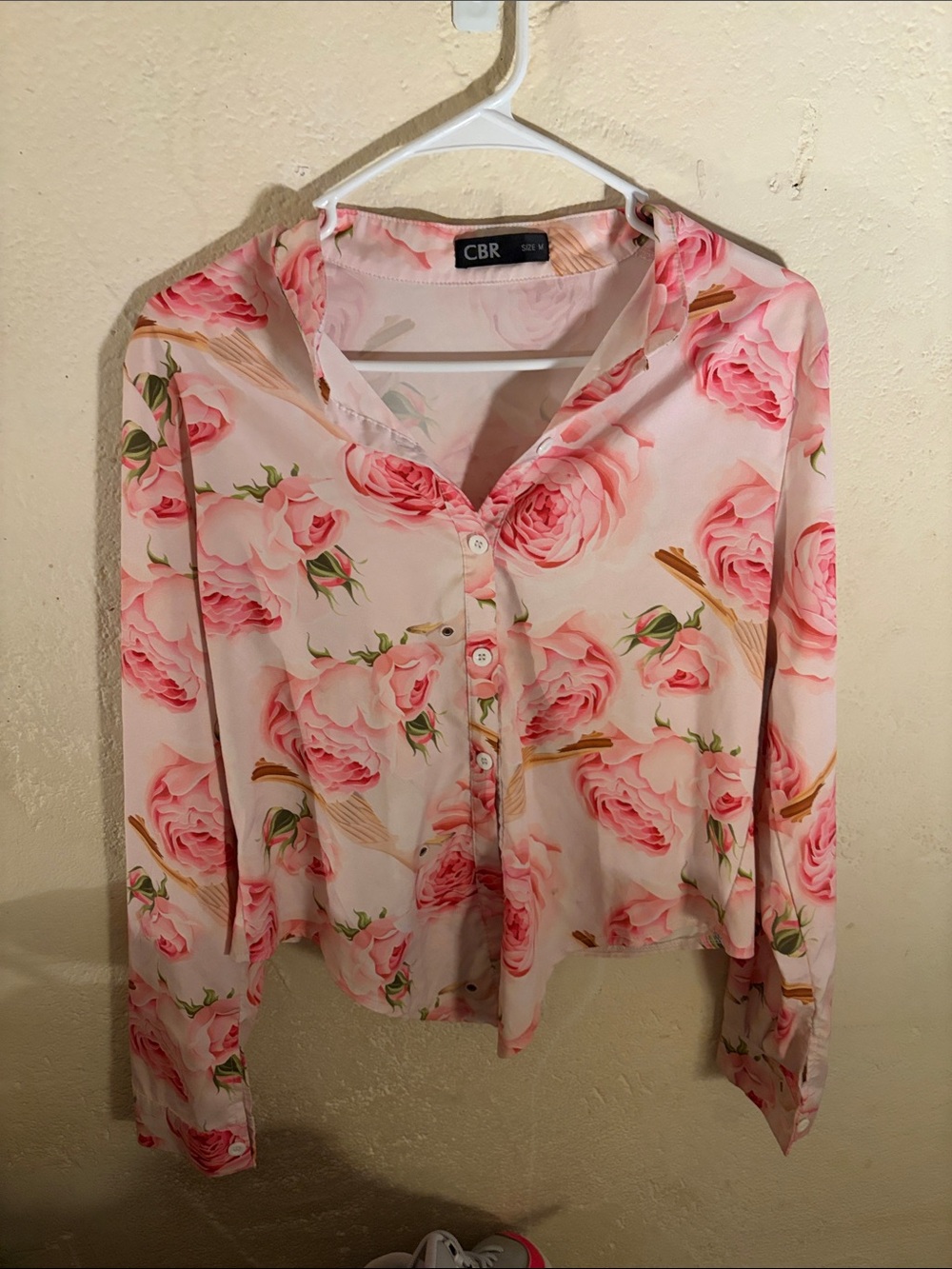CBR Pink Rose Print Button-Down Blouse